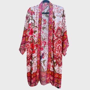 PS Pink Floral Peacock Print Rayon Kimono Cardigan Bohemian Wrap One Size